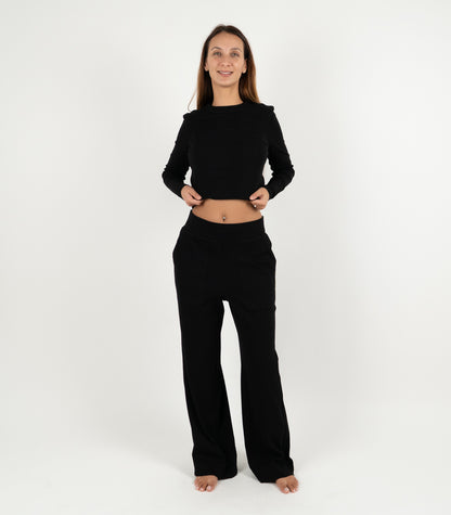 Ribbed Wide Leg Lounge Pant - Black