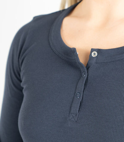 Ribbed Long Sleeve Button Top - Midnight Blue