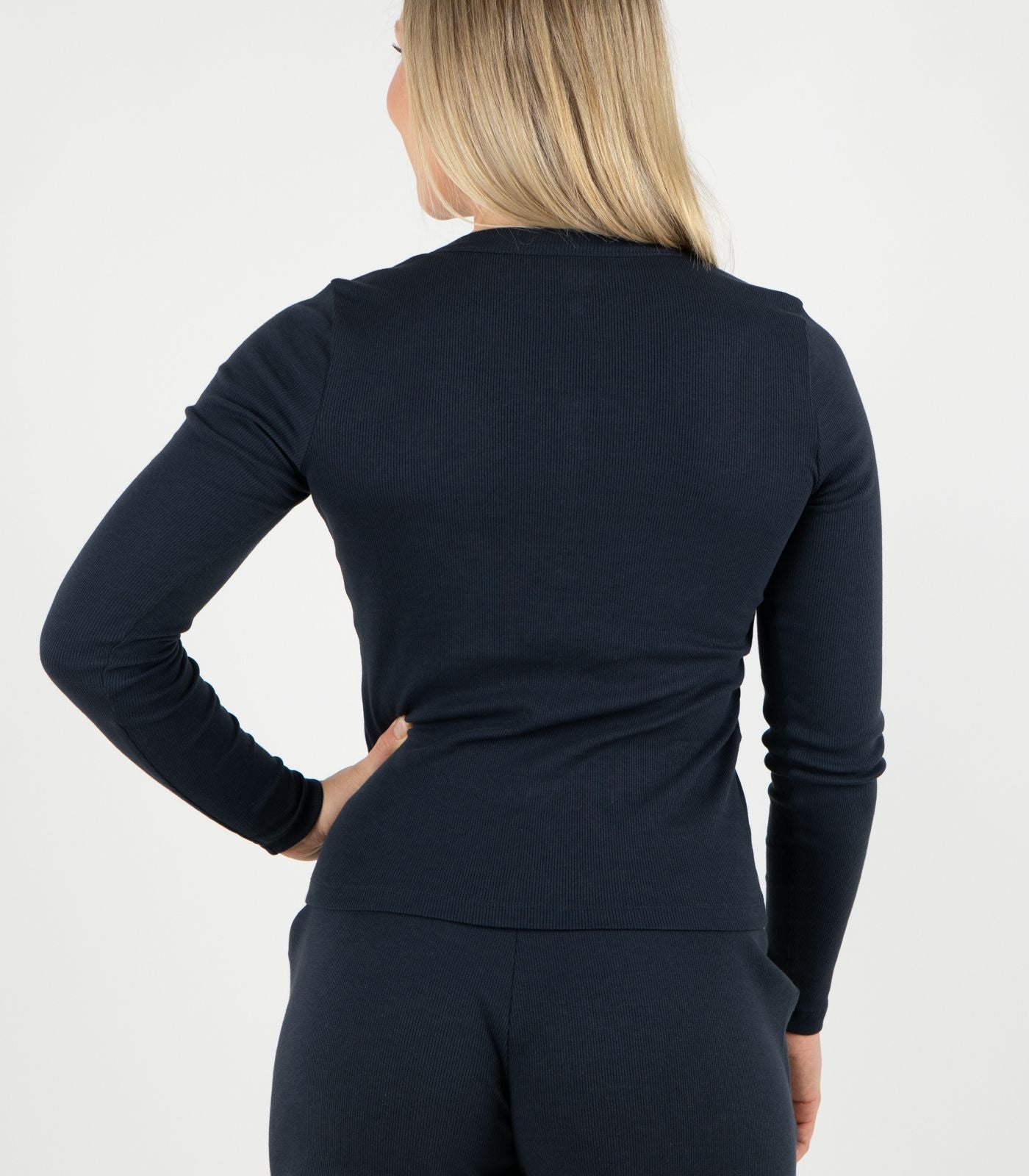 Ribbed Long Sleeve Button Top - Midnight Blue