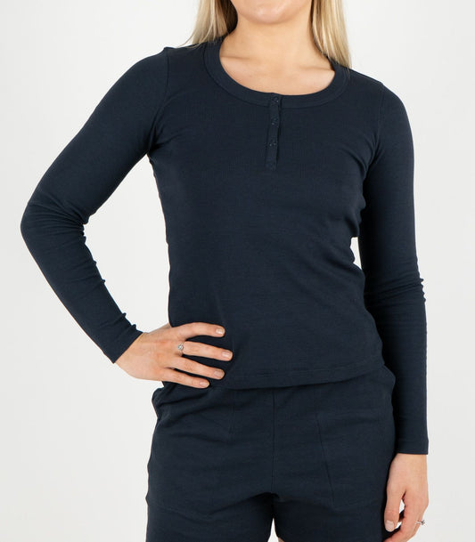 Ribbed Long Sleeve Button Top - Midnight Blue