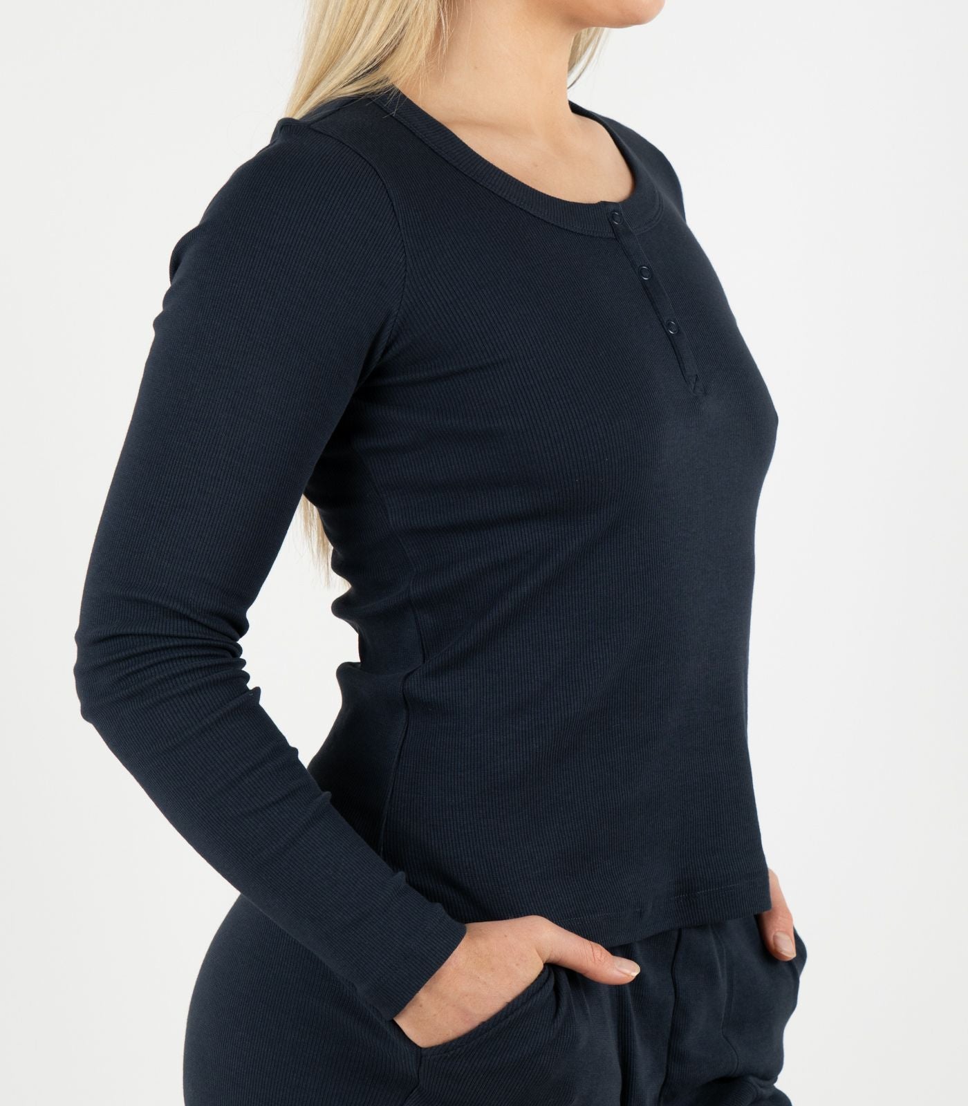 Ribbed Long Sleeve Button Top - Midnight Blue