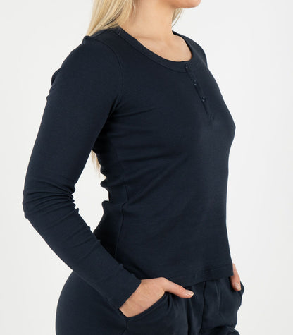 Ribbed Long Sleeve Button Top - Midnight Blue