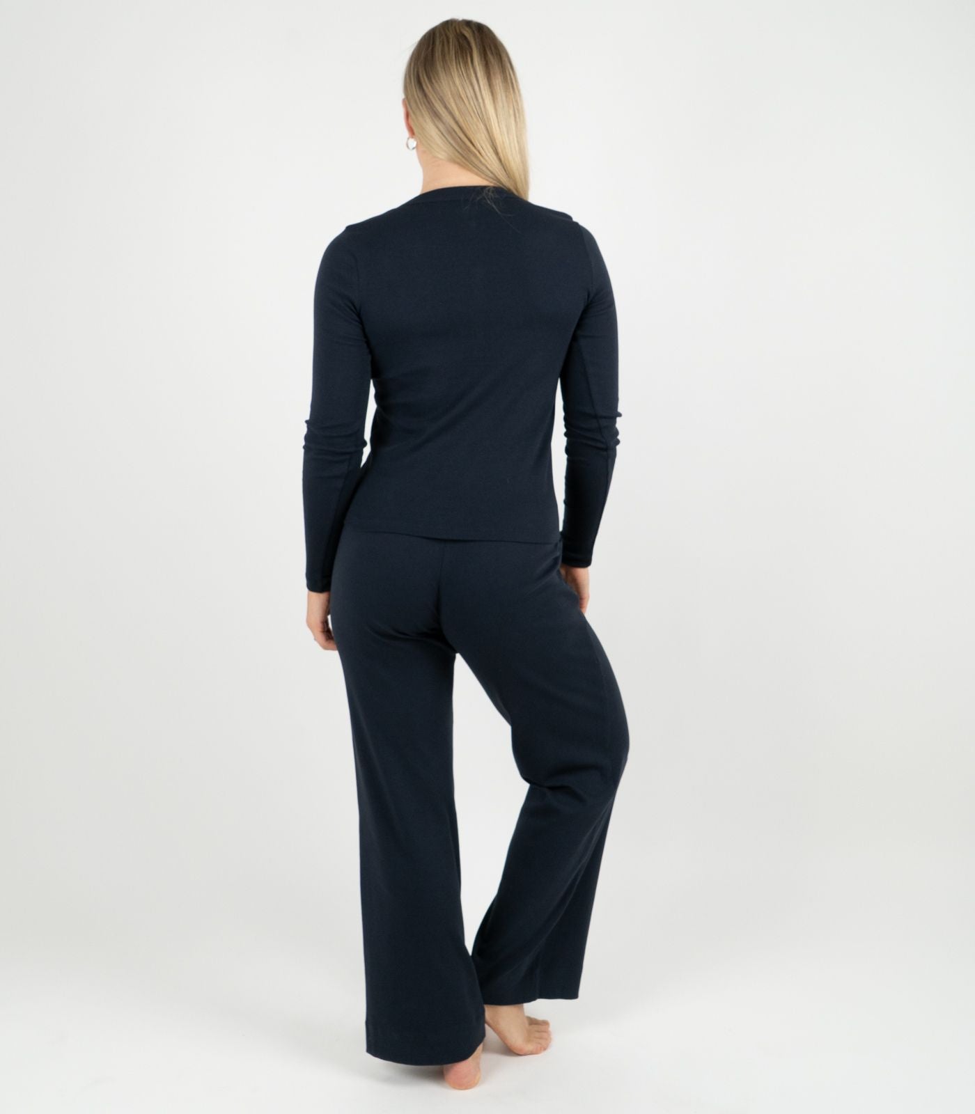Ribbed Long Sleeve Button Top - Midnight Blue