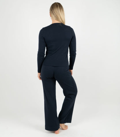 Ribbed Long Sleeve Button Top - Midnight Blue