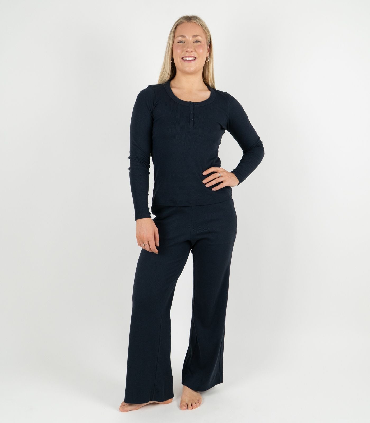 Ribbed Long Sleeve Button Top - Midnight Blue