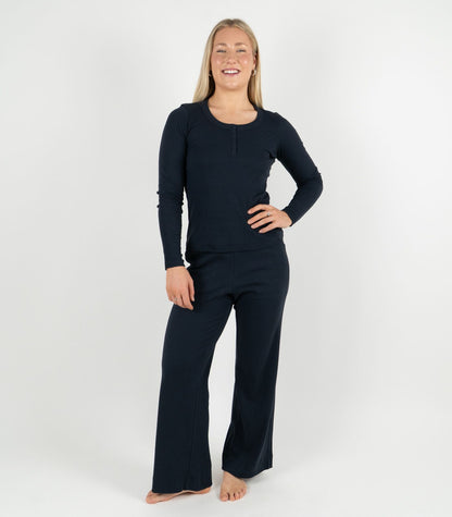 Ribbed Long Sleeve Button Top - Midnight Blue