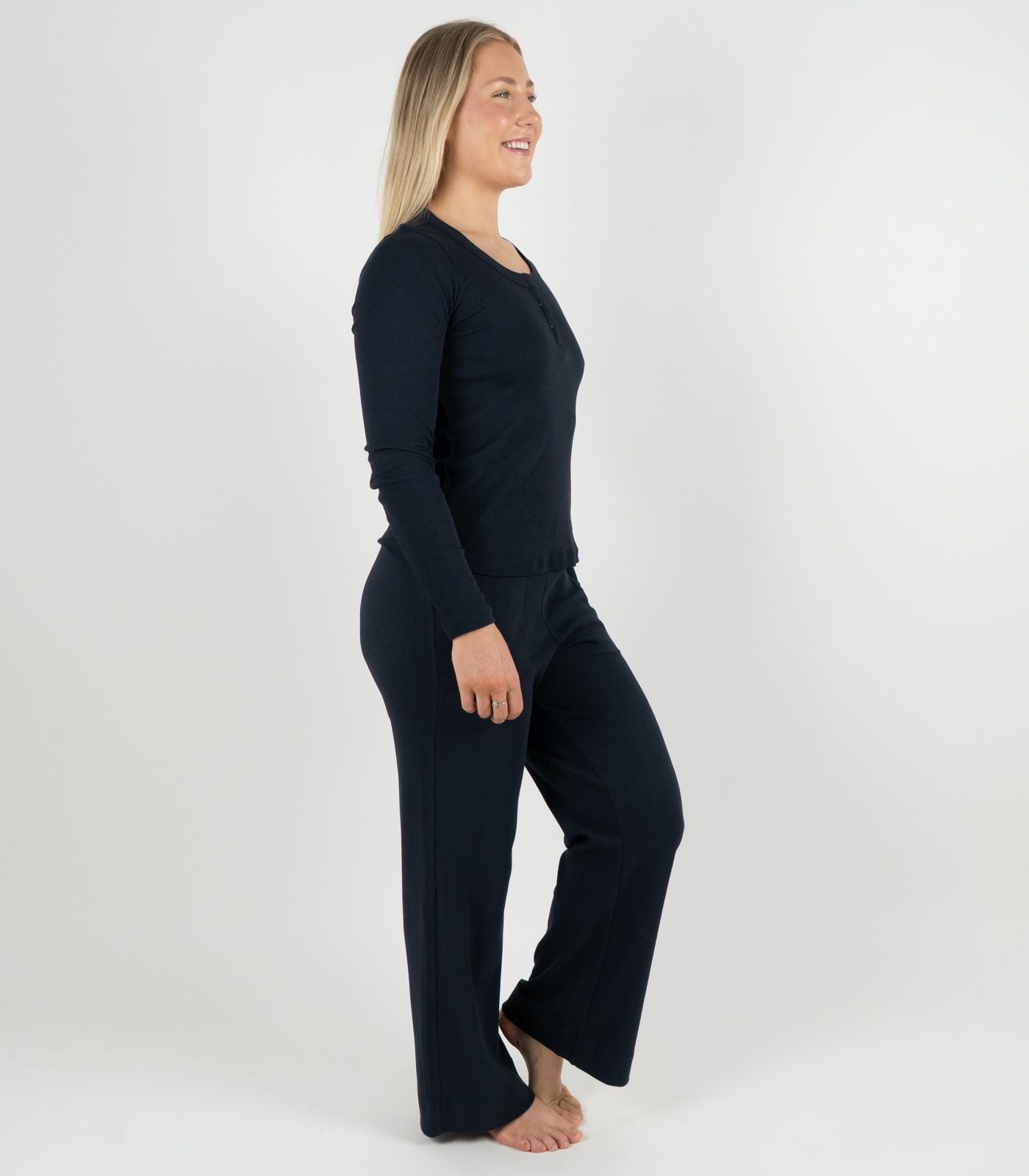 Ribbed Long Sleeve Button Top - Midnight Blue