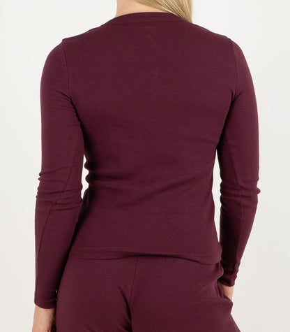 Ribbed Long Sleeve Button Top - Maroon