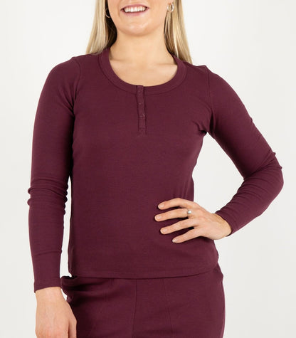 Ribbed Long Sleeve Button Top - Maroon