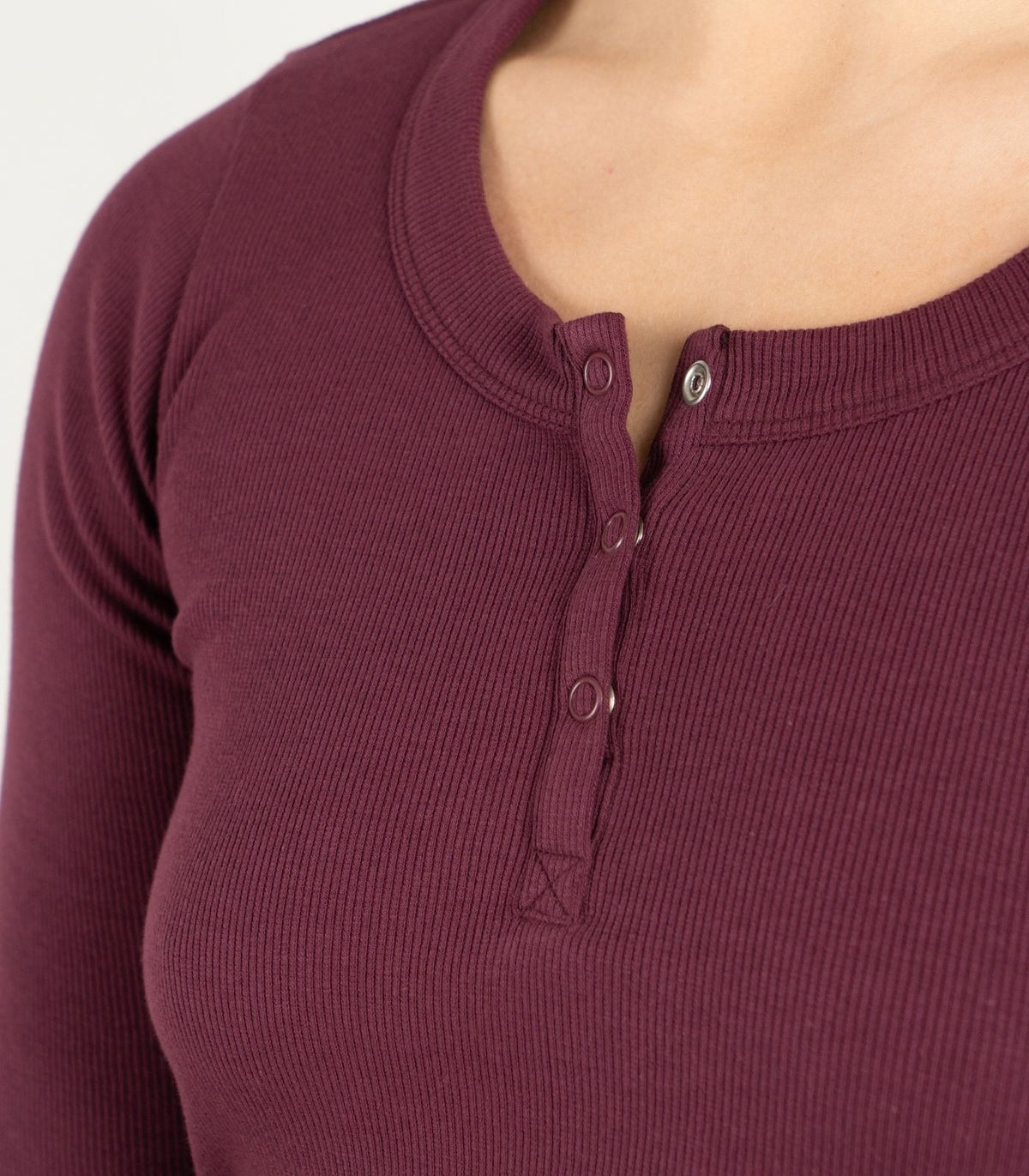 Ribbed Long Sleeve Button Top - Maroon