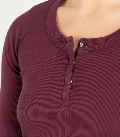 Ribbed Long Sleeve Button Top - Maroon