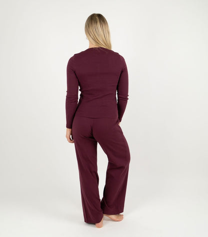 Ribbed Long Sleeve Button Top - Maroon