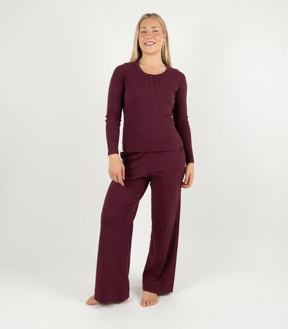 Ribbed Long Sleeve Button Top - Maroon