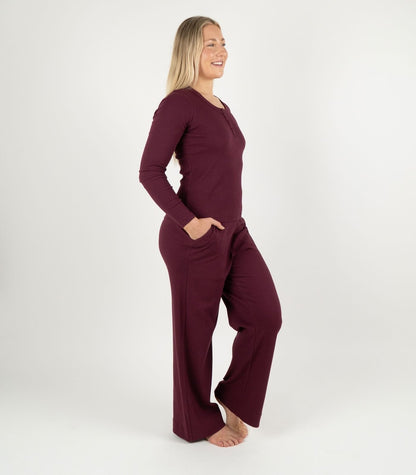 Ribbed Long Sleeve Button Top - Maroon