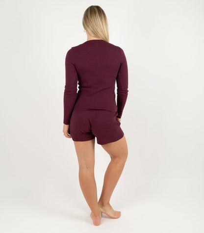 Ribbed Long Sleeve Button Top - Maroon