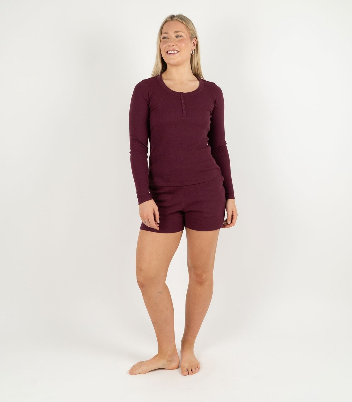 Ribbed Long Sleeve Button Top - Maroon