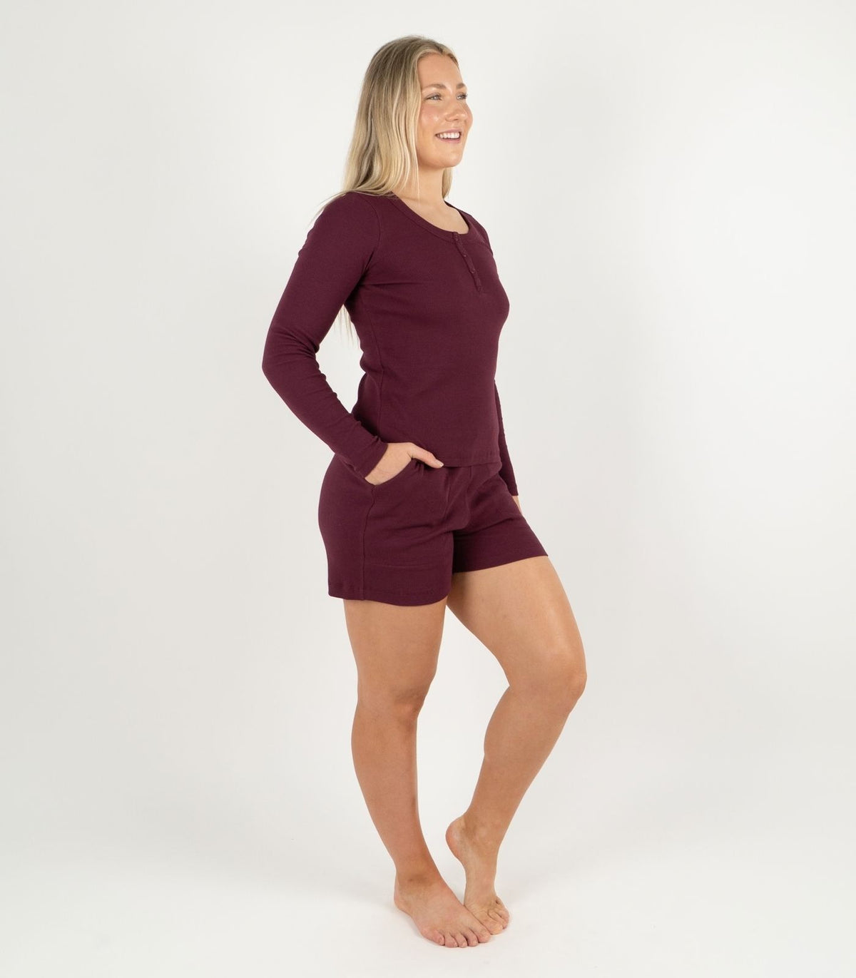 Ribbed Long Sleeve Button Top - Maroon