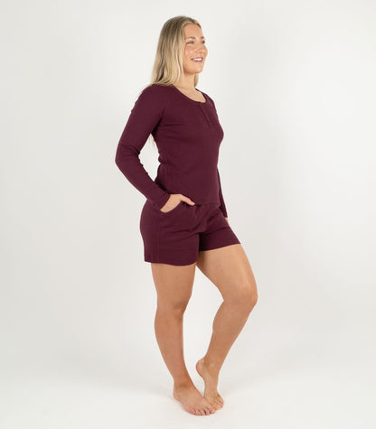 Ribbed Long Sleeve Button Top - Maroon