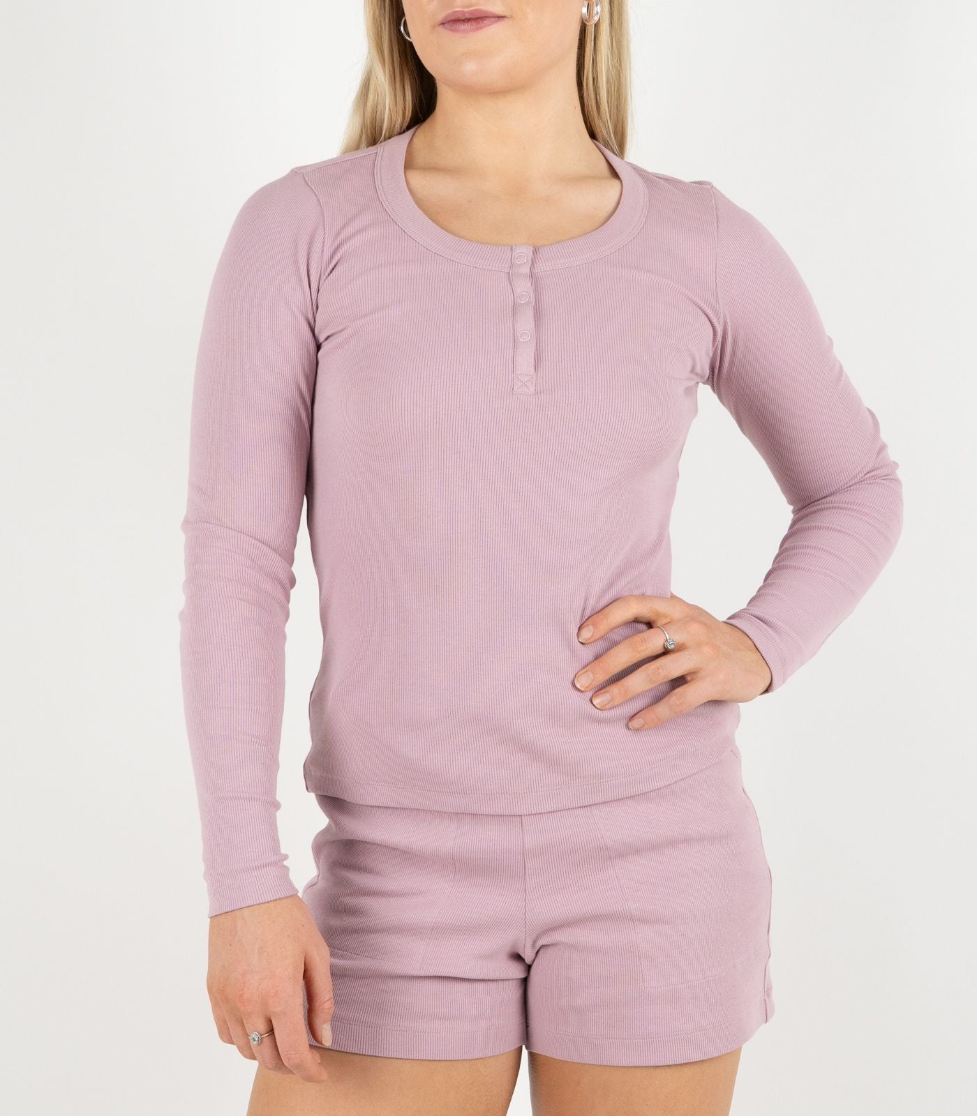 Ribbed Long Sleeve Button Top - Pink