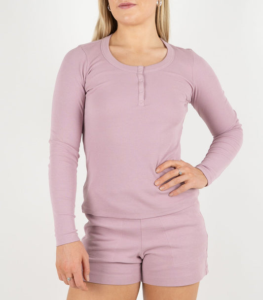Ribbed Long Sleeve Button Top - Pink