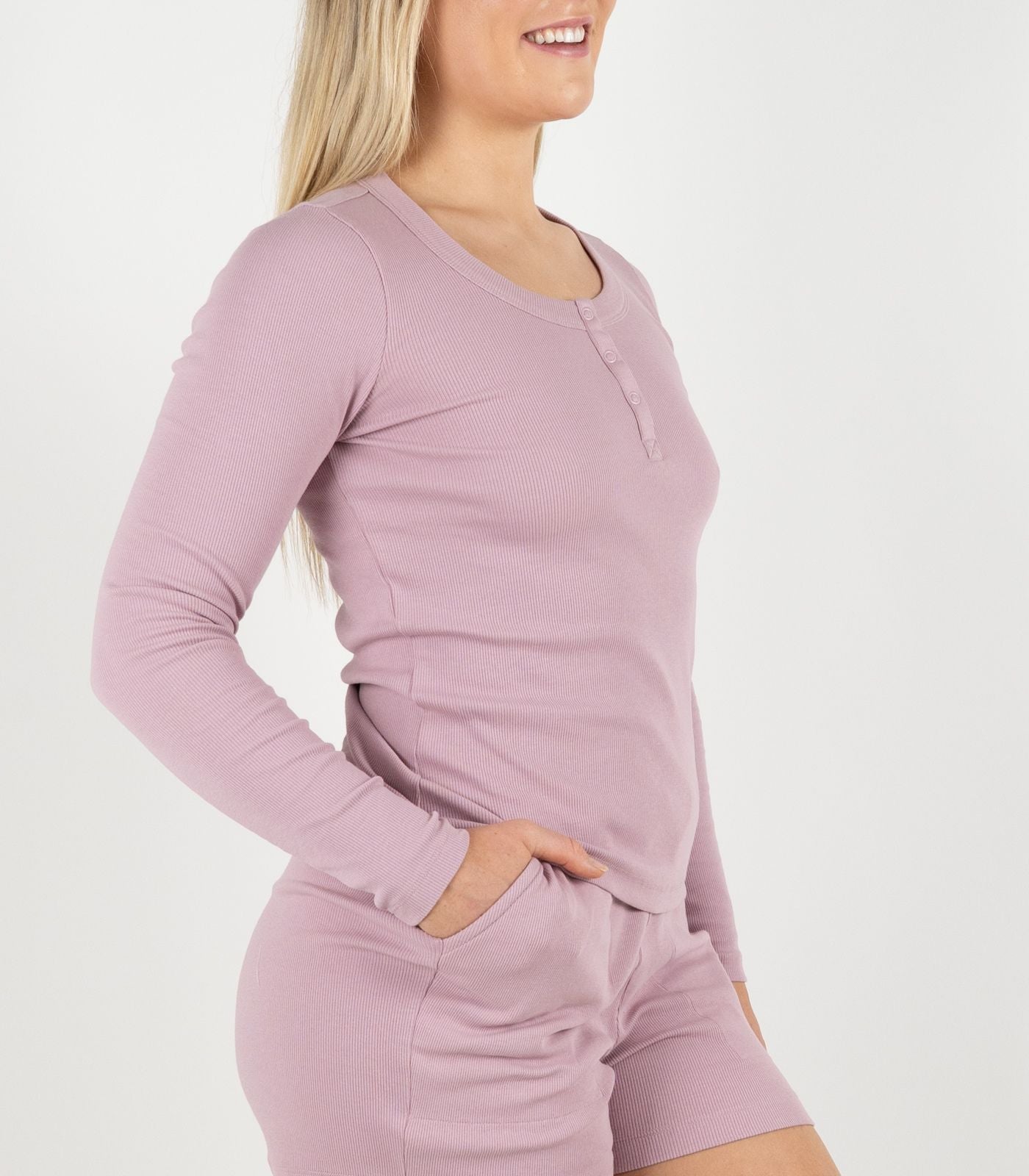 Ribbed Long Sleeve Button Top - Pink