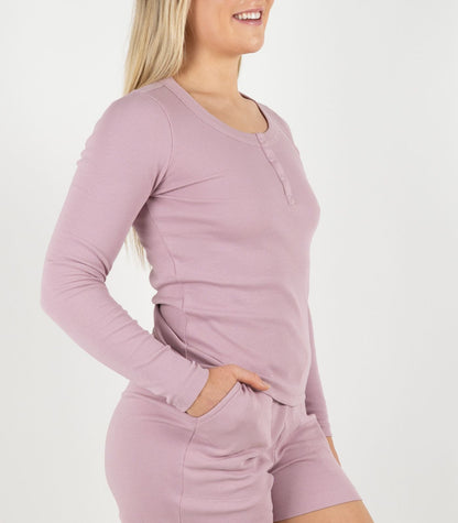 Ribbed Long Sleeve Button Top - Pink