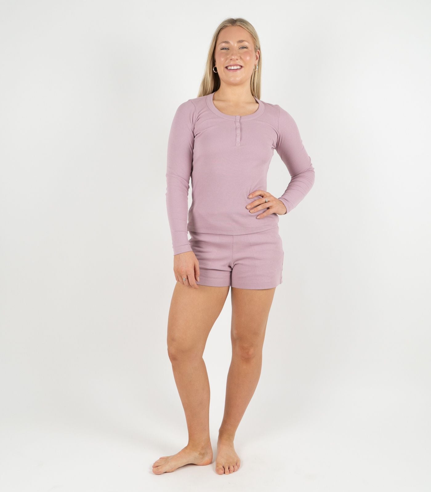 Ribbed Long Sleeve Button Top - Pink