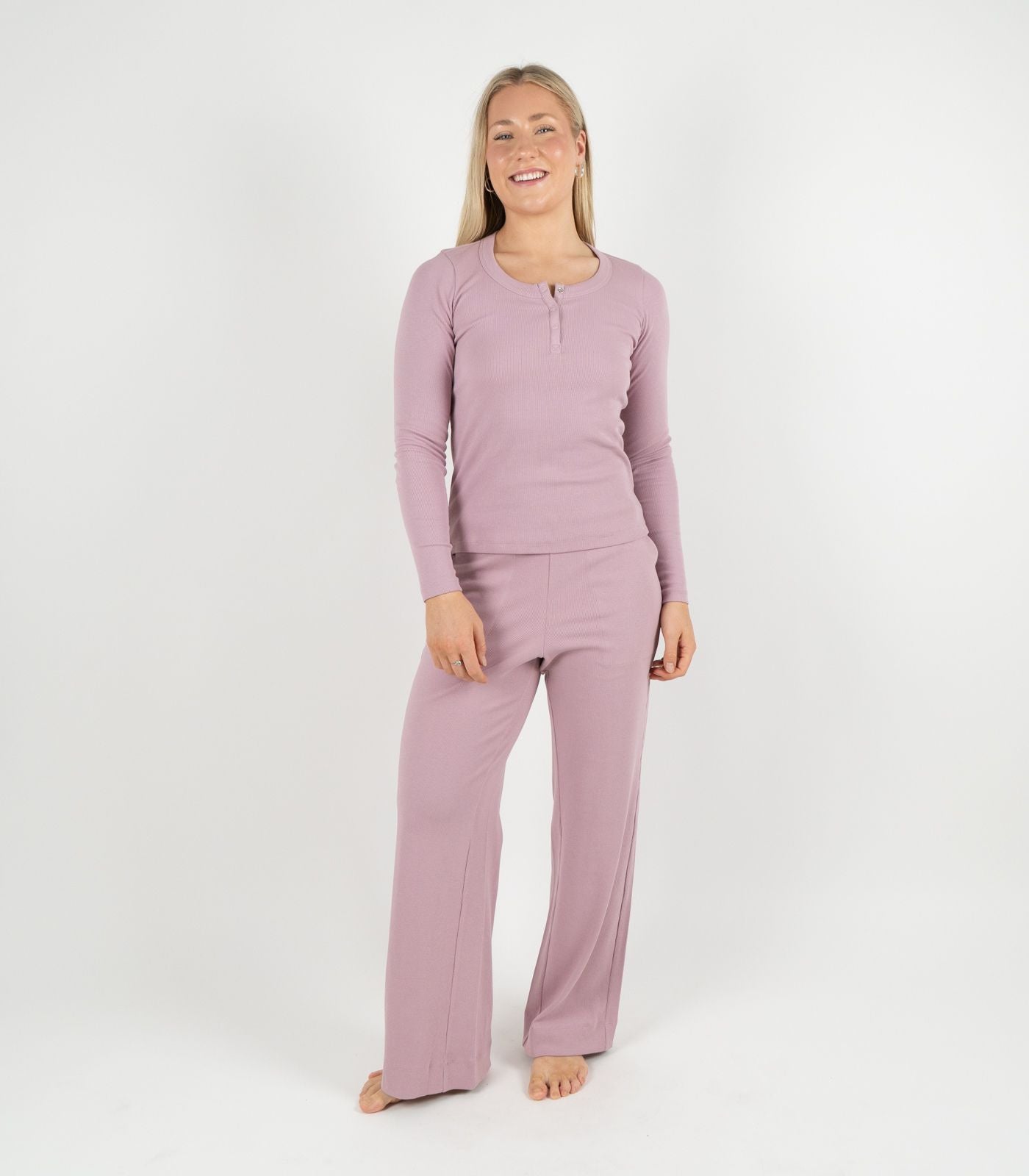Ribbed Long Sleeve Button Top - Pink