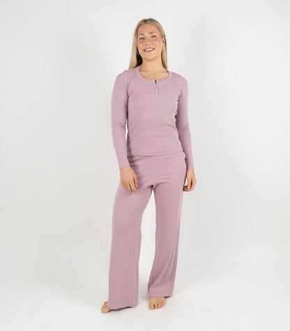 Ribbed Long Sleeve Button Top - Pink