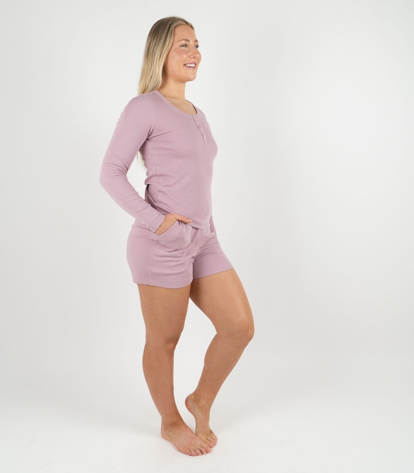 Ribbed Long Sleeve Button Top - Pink