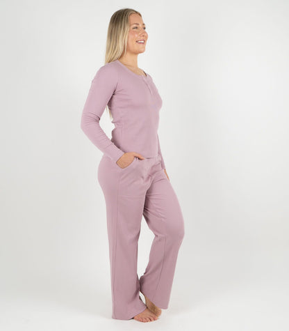 Ribbed Long Sleeve Button Top - Pink