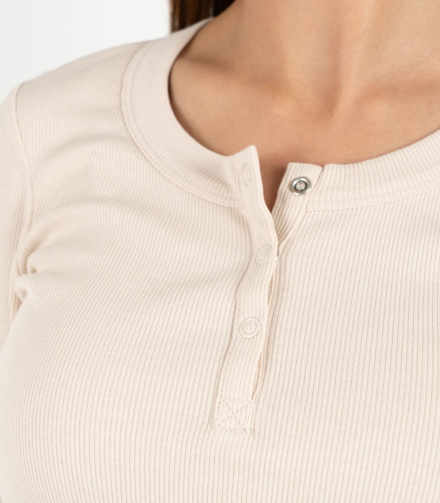 Ribbed Long Sleeve Button Top - Sand