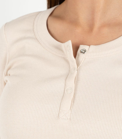 Ribbed Long Sleeve Button Top - Sand