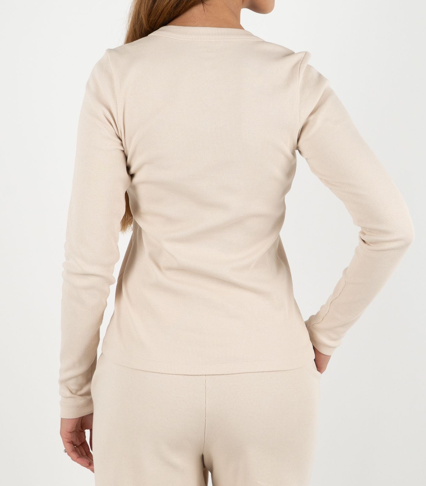 Ribbed Long Sleeve Button Top - Sand