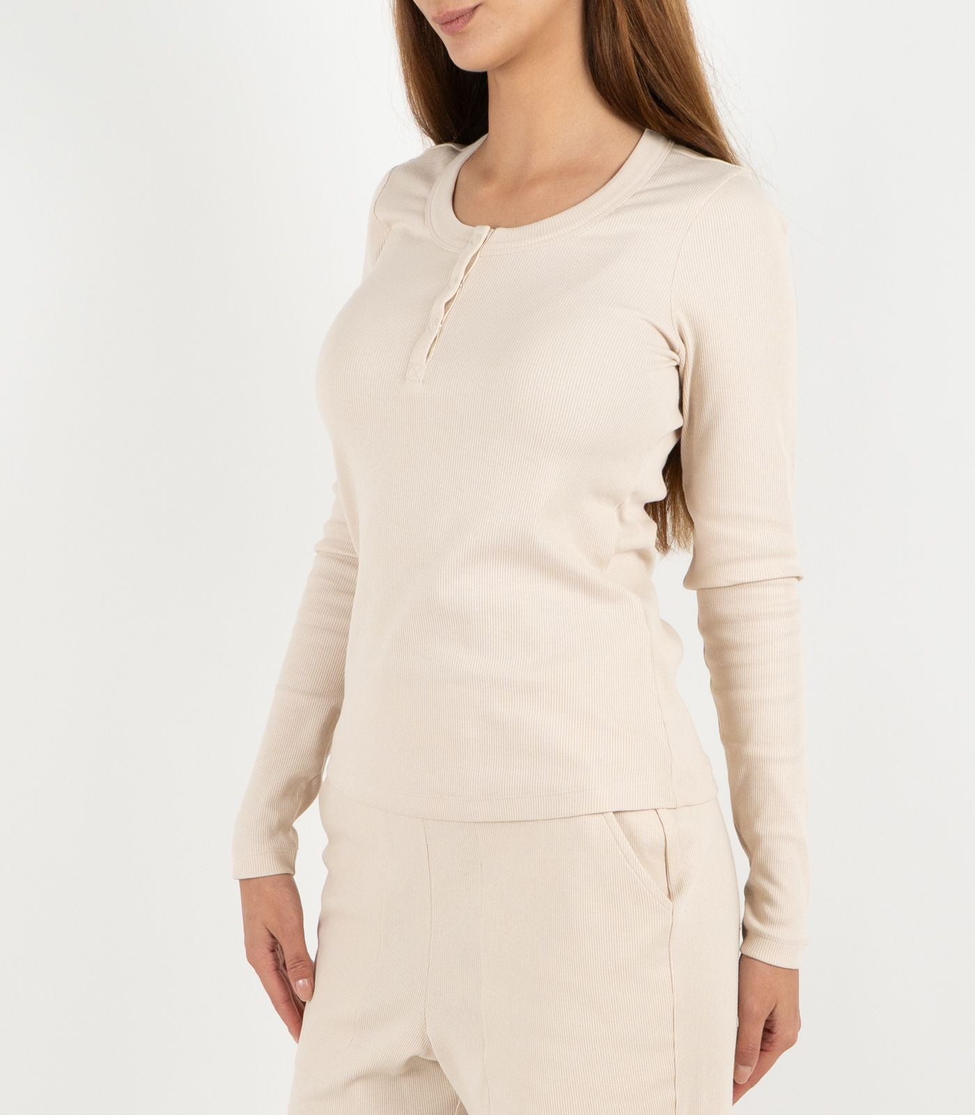 Ribbed Long Sleeve Button Top - Sand