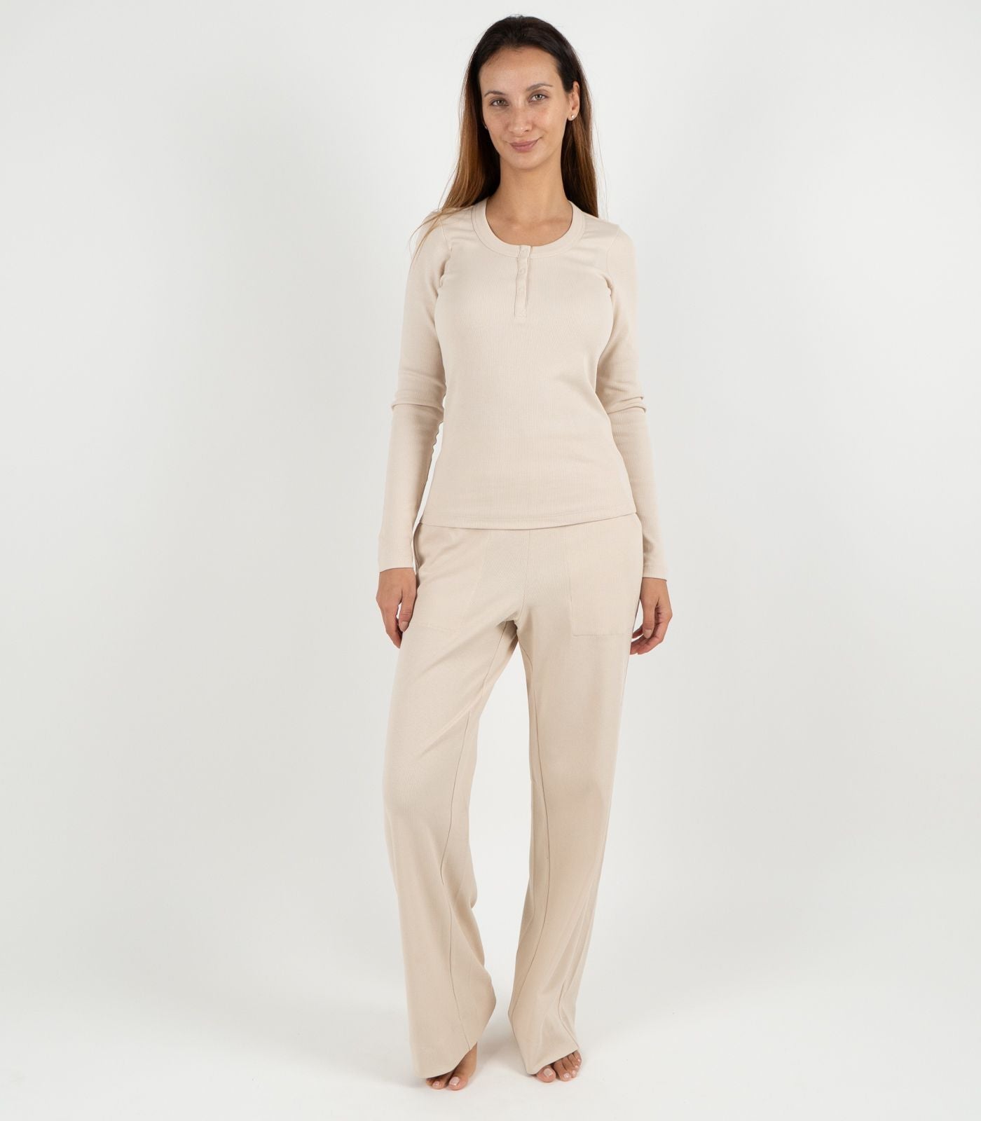Ribbed Long Sleeve Button Top - Sand