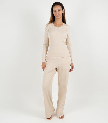 Ribbed Long Sleeve Button Top - Sand