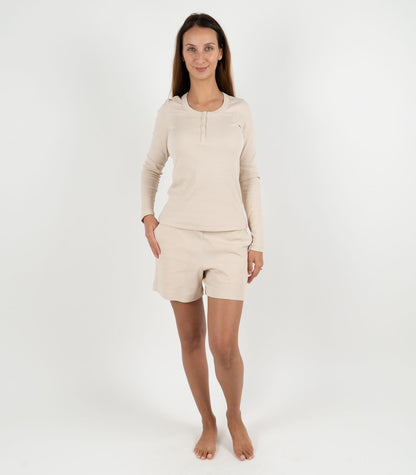 Ribbed Long Sleeve Button Top - Sand