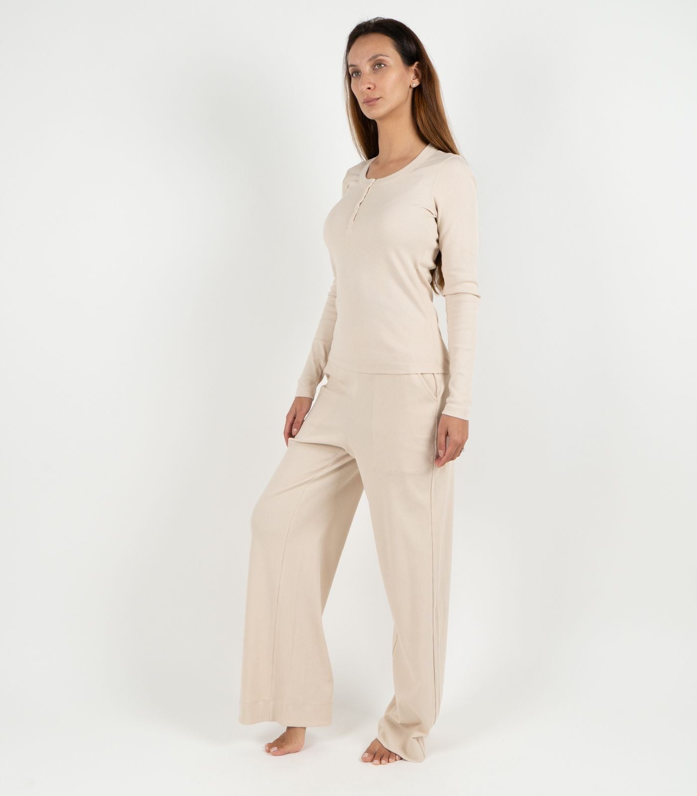 Ribbed Long Sleeve Button Top - Sand