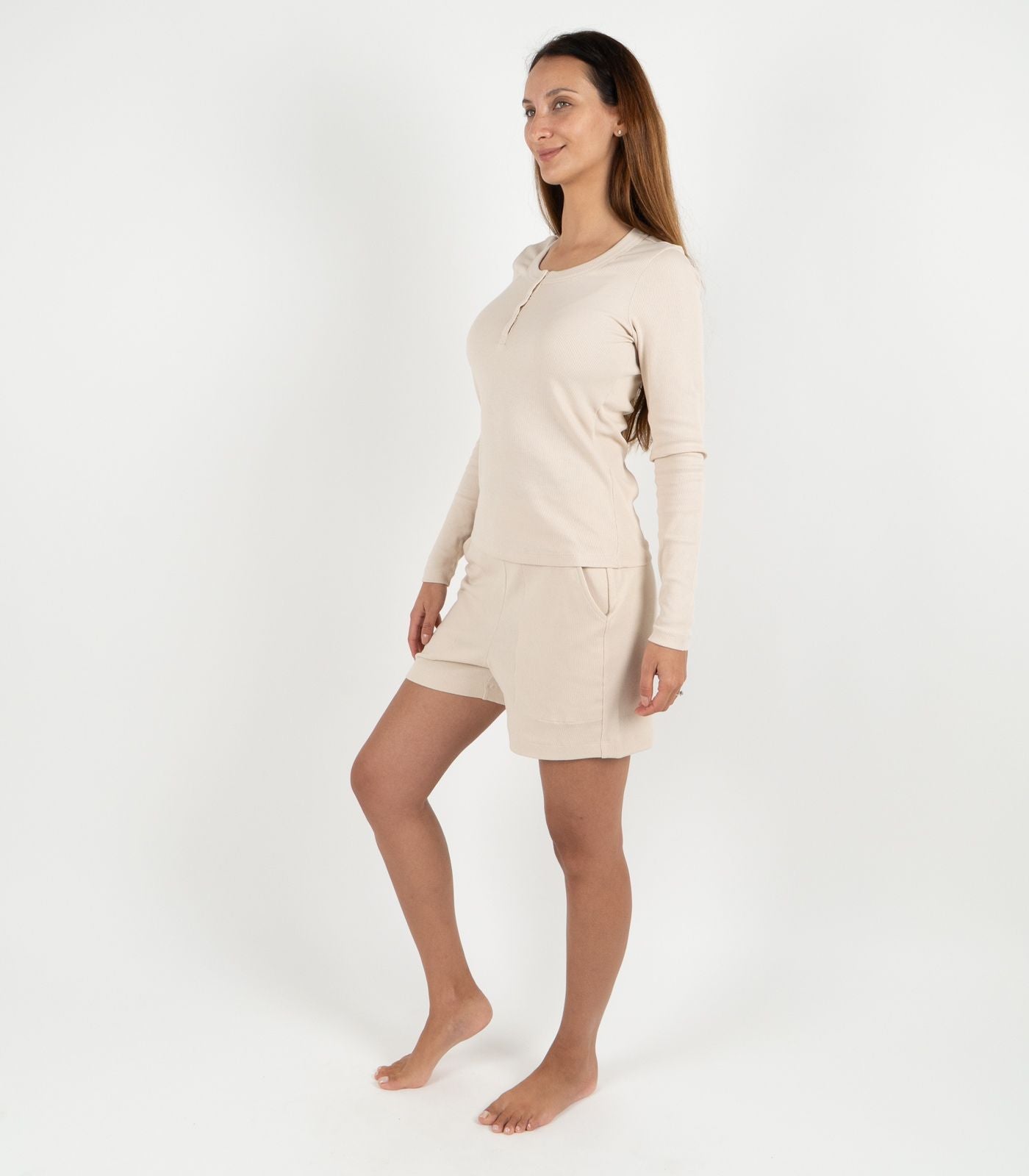 Ribbed Long Sleeve Button Top - Sand