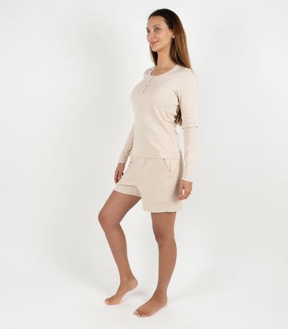 Ribbed Long Sleeve Button Top - Sand
