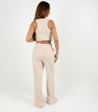 Ribbed Wide Leg Lounge Pant - Sand