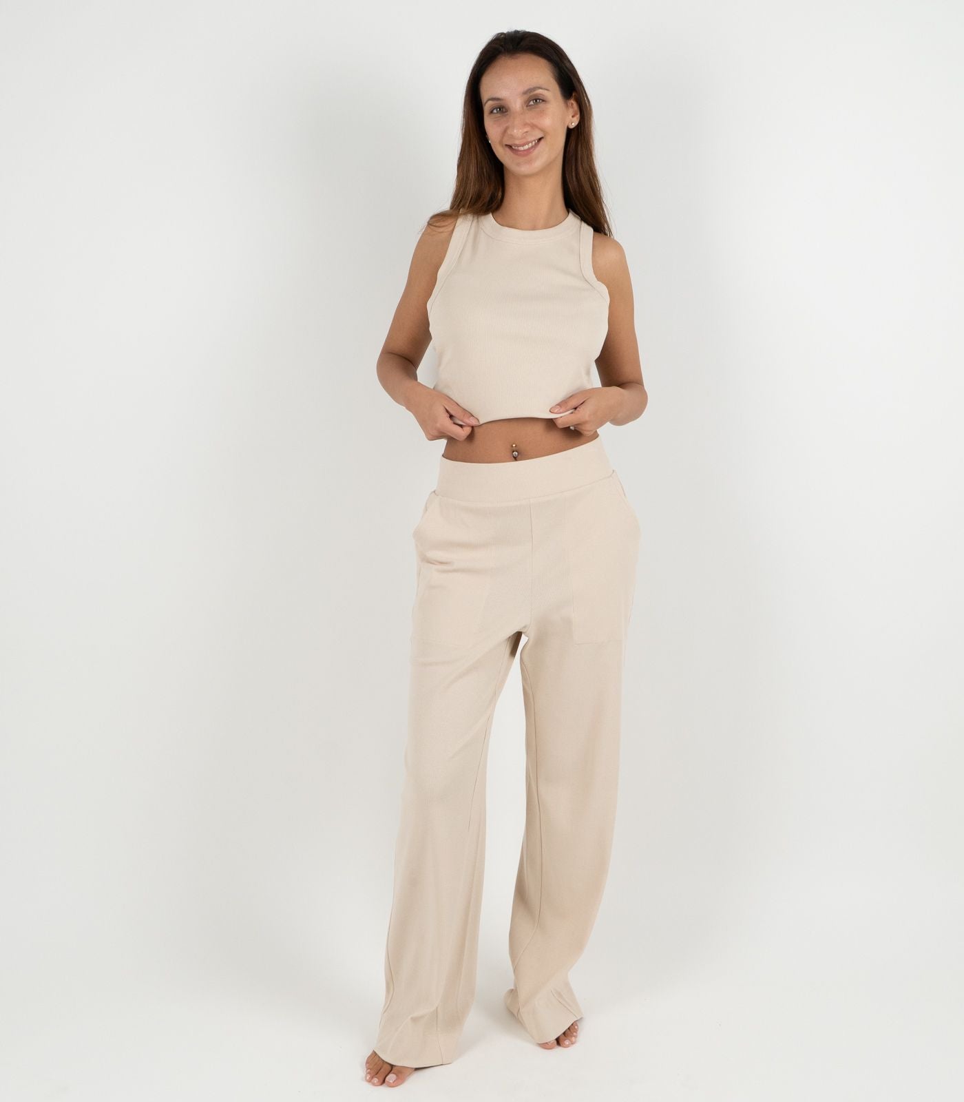 Ribbed Wide Leg Lounge Pant - Sand