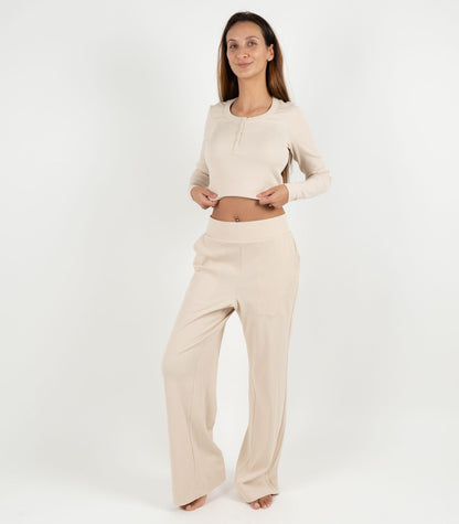 Ribbed Wide Leg Lounge Pant - Sand