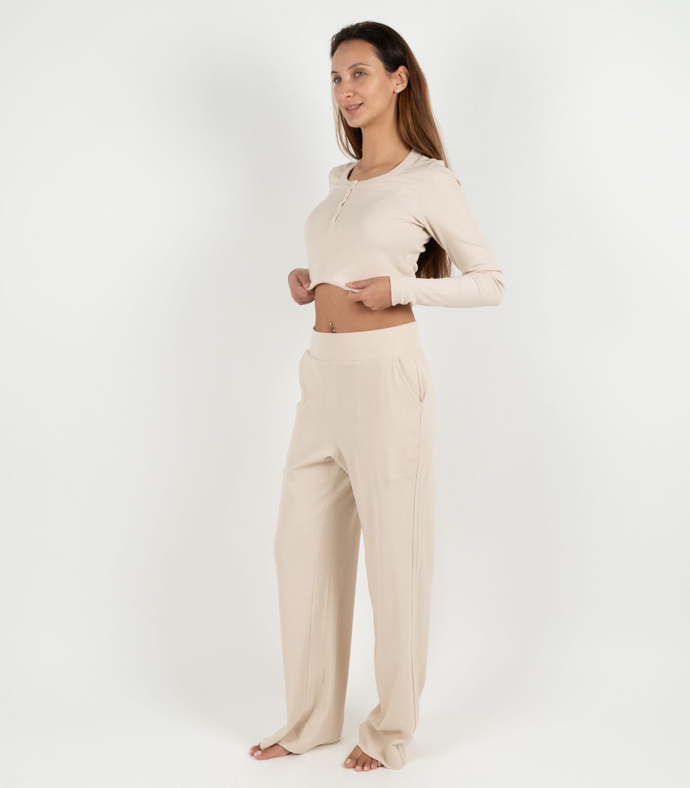 Ribbed Wide Leg Lounge Pant - Sand