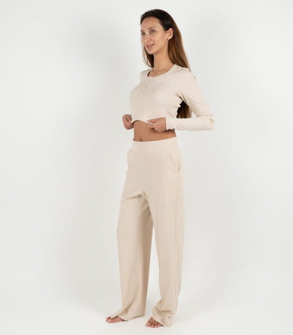 Ribbed Wide Leg Lounge Pant - Sand