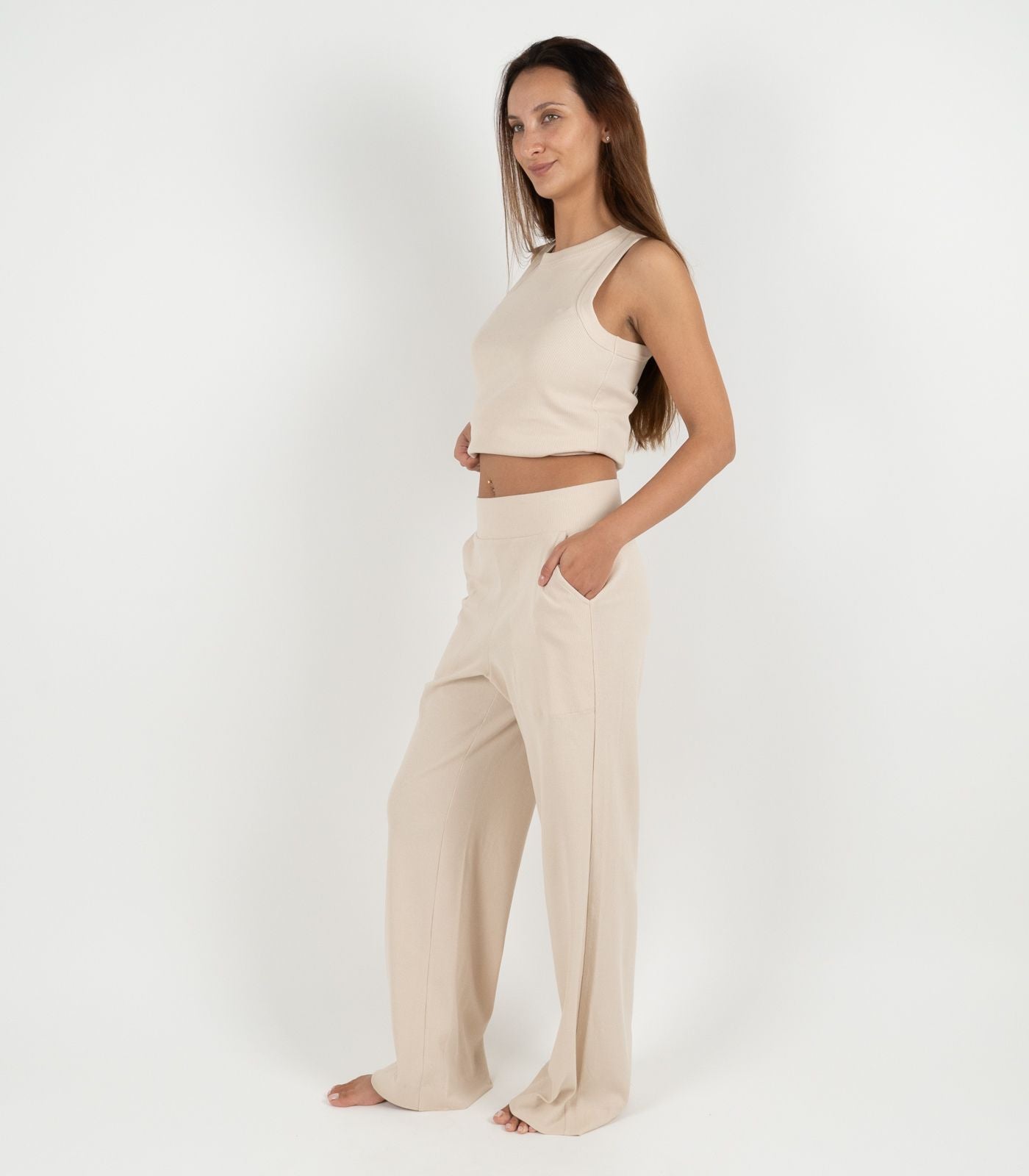 Ribbed Wide Leg Lounge Pant - Sand