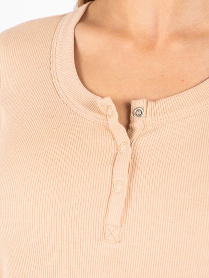 Ribbed Long Sleeve Button Top - Tan