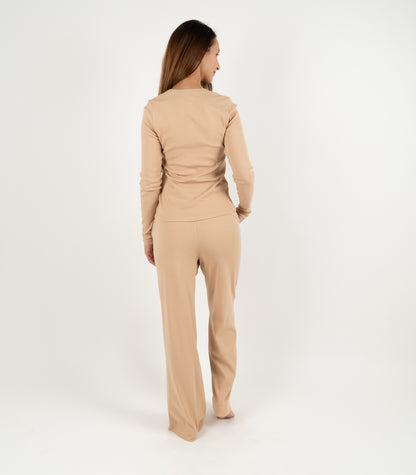 Ribbed Long Sleeve Button Top - Tan