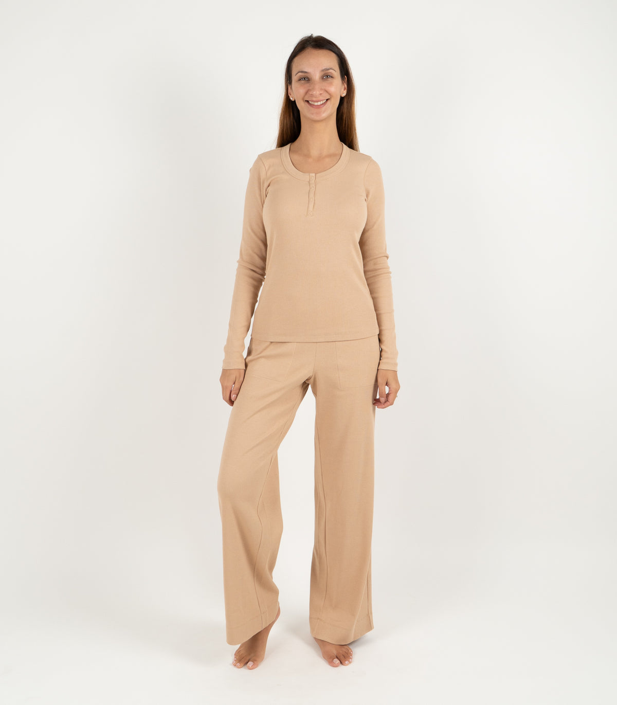 Ribbed Long Sleeve Button Top - Tan